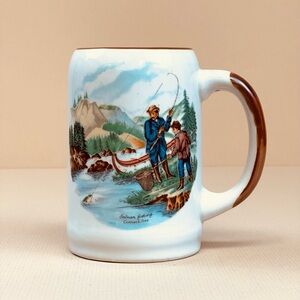 Currier and Ives Beer Stein Mug Salmon Fishing Vintage Handcrafted Signed